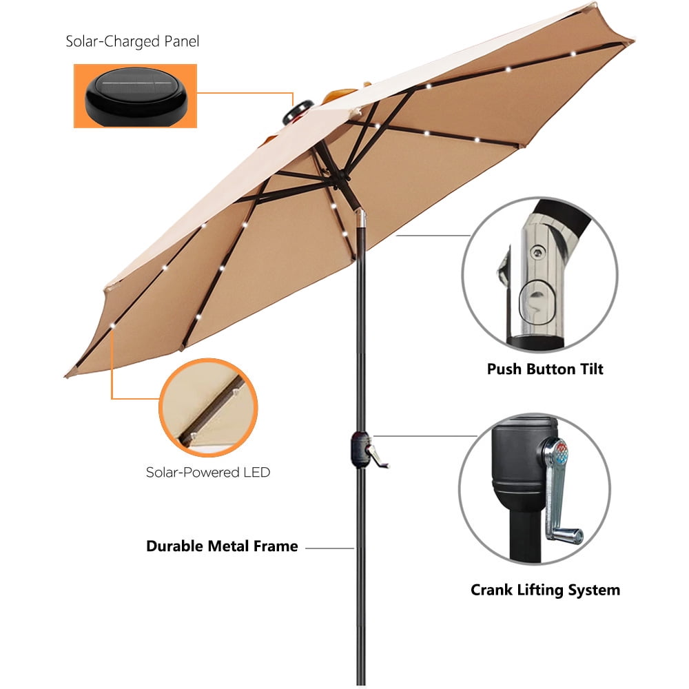 Abble 9ft Solar LED Lighted Patio Umbrella, Table Market Umbrella, Outdoor Umbrella for Garden, Deck, Backyard, Pool and Beach