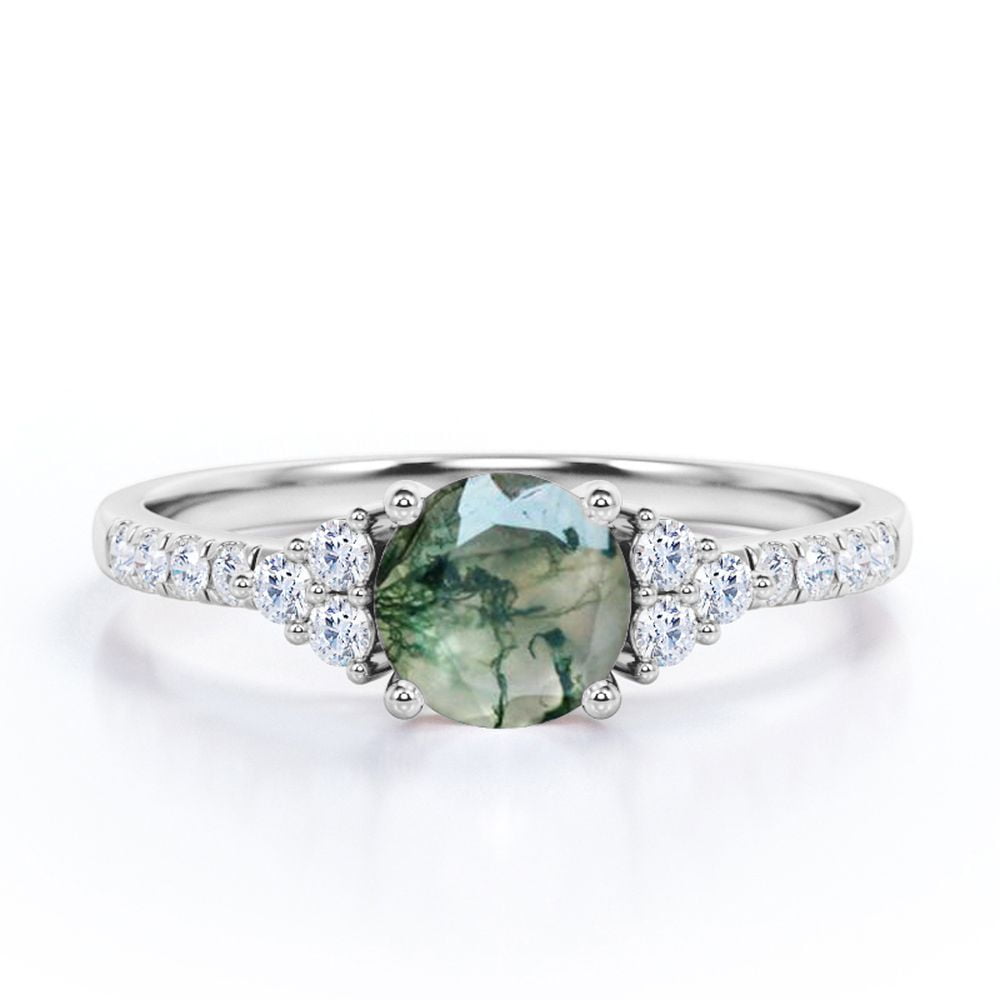 JeenMata 1 ct Natural Green Moss Agate and Moissanite - 7 Stone - Cluster Ring - Semi Eternity Engagement Ring in 18K White Gold Over Silver