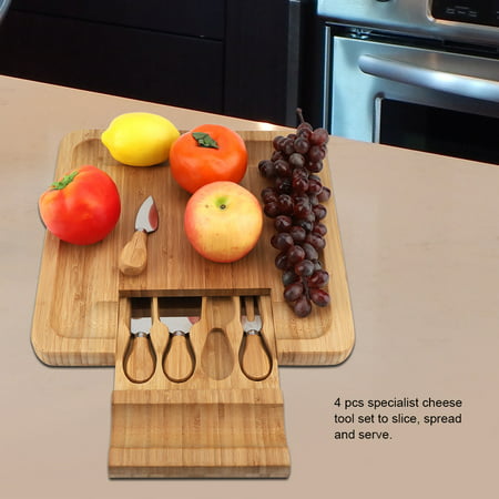 WALFRONT Bamboo Cheese Board With Cutlery In Slide-Out Drawer Charcuterie Platter & Serving Tray for Wine, Crackers, Brie and
