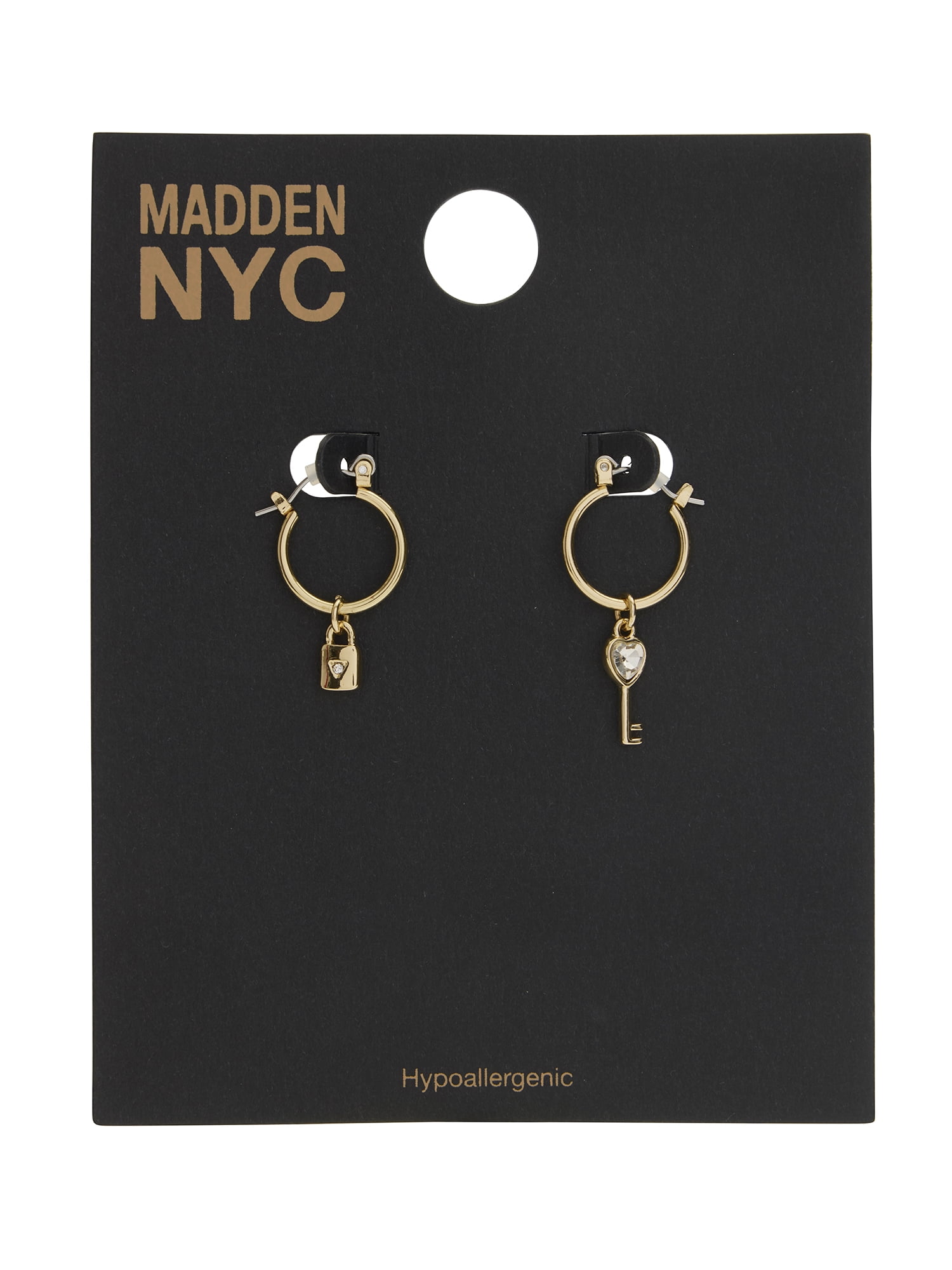 Madden NYC Women's Gold Tone Padlock & Key Charm Huggie Earrings