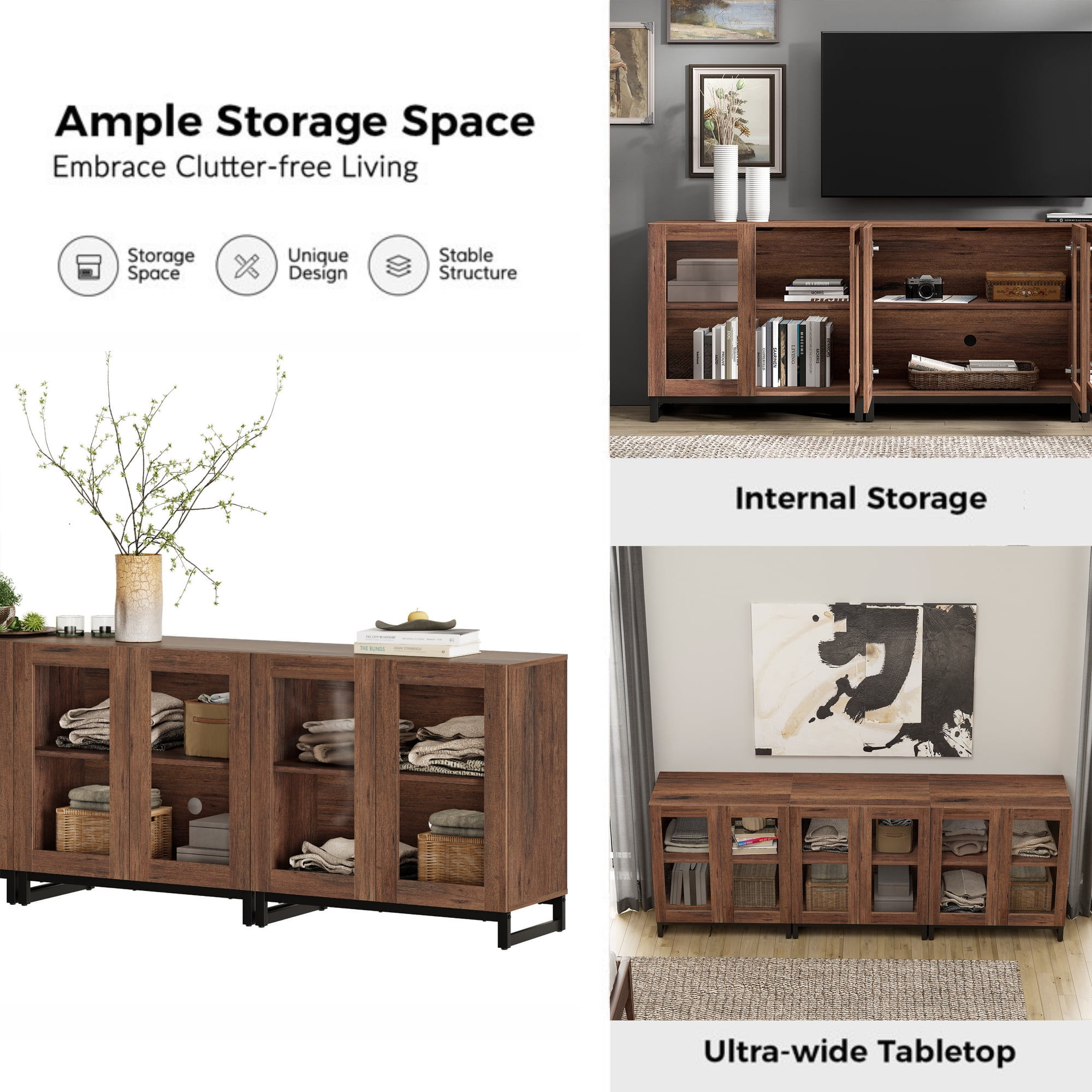 Modern 3-in-1 Multifunctional Sideboard Buffet Cabinet with 6 Glass Doors and Adjustable Shelf Coffee Bar Storage Cabinet for Living Room Kitchen,Brown