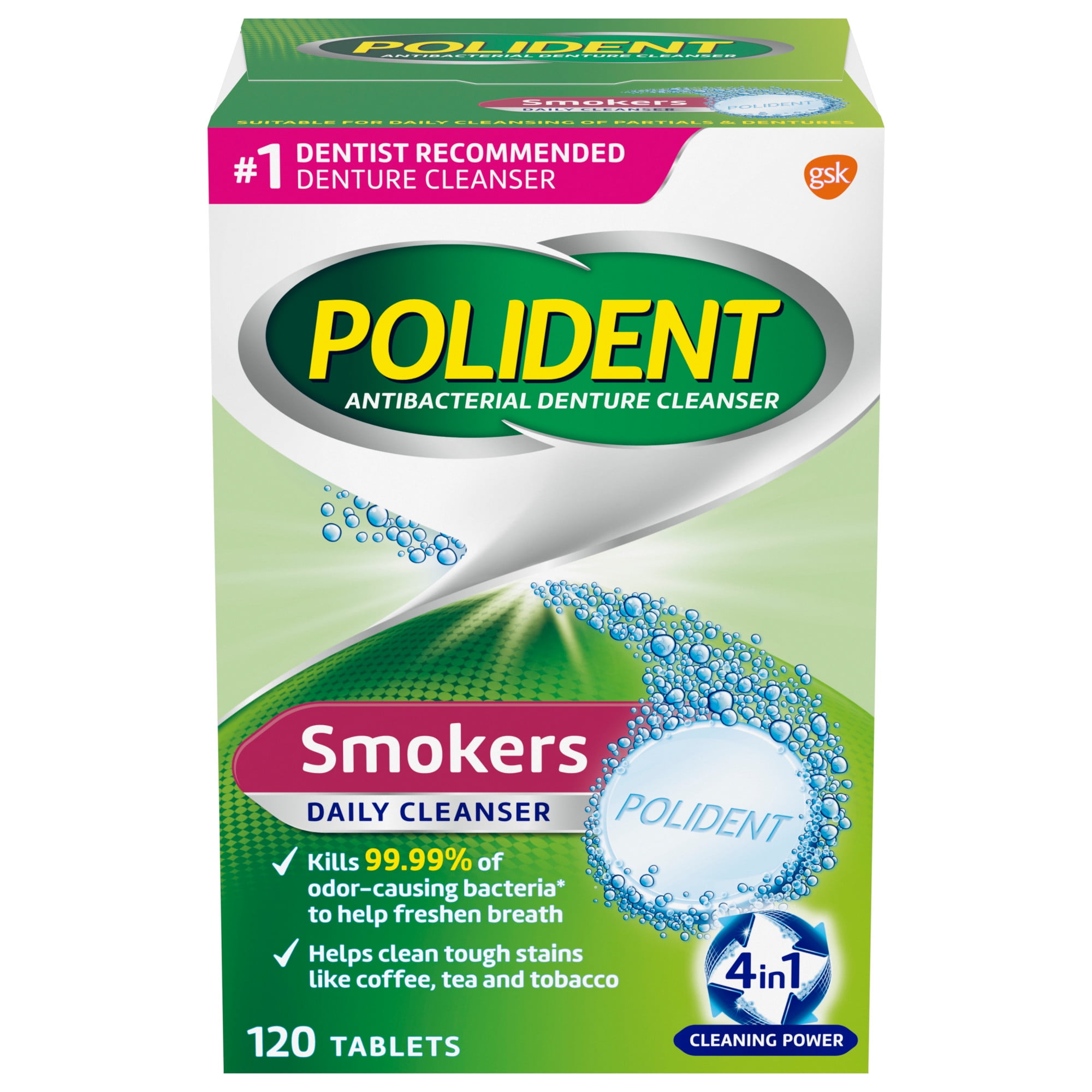 Polident Smokers Antibacterial Denture Cleanser Effervescent Tablets, 120 Count
