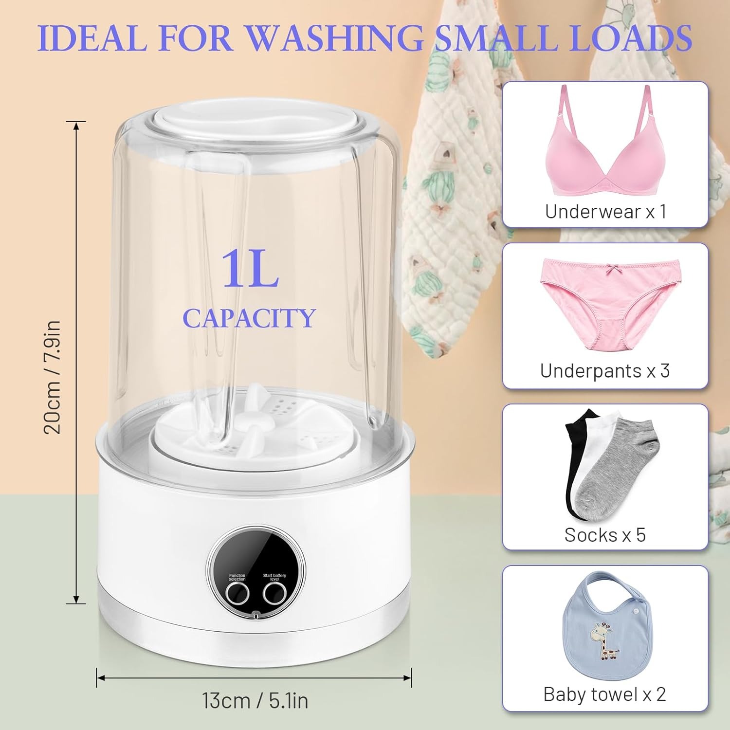Portable Mini Washing Machine, 34 fl oz Capacity, USB Rechargeable with 2600mAh Battery, Ideal for Travel, RV, Dorm, or Small Laundry, White