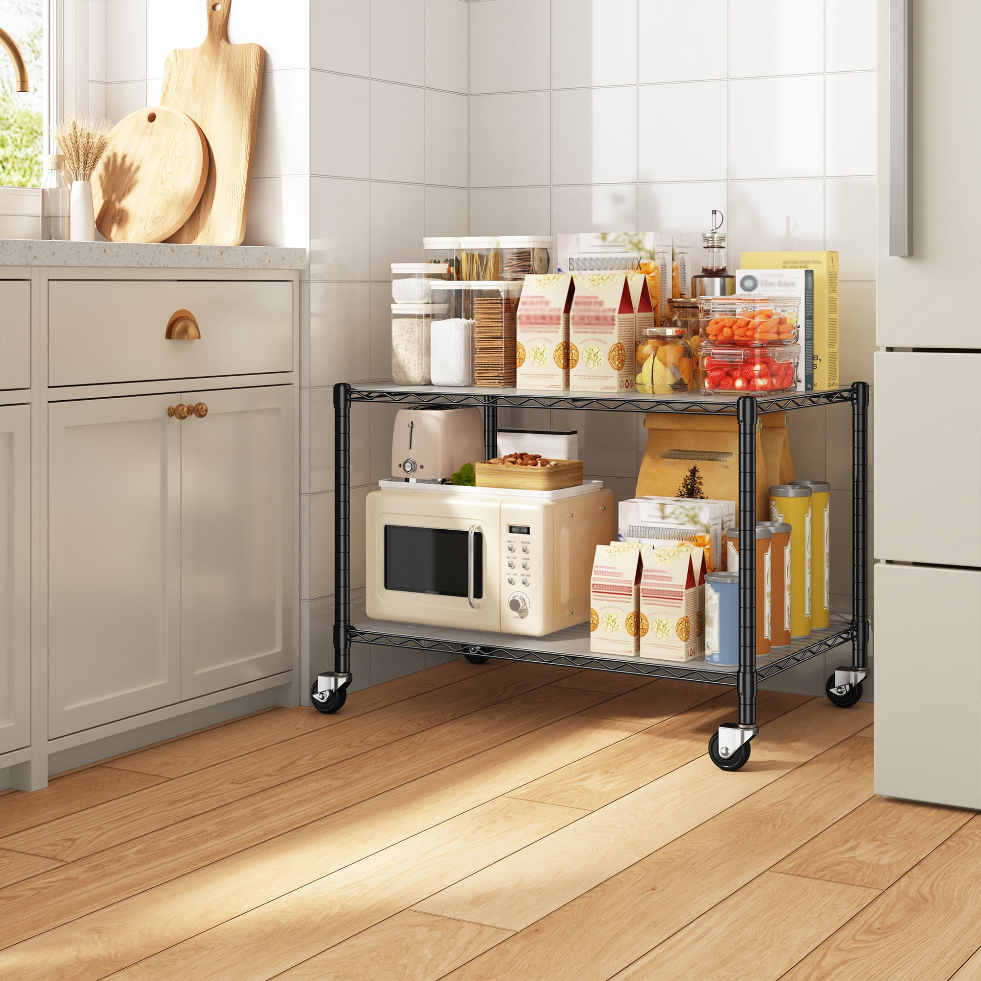 REIBII 2 Tier Wire Shelving Unit with Wheels,Heavy Duty Kitchen Appliance Shelf,36"W x 18"D Metal Storage Shelves for Pantry Garage Laundry,300 lbs Per Shelf,Black