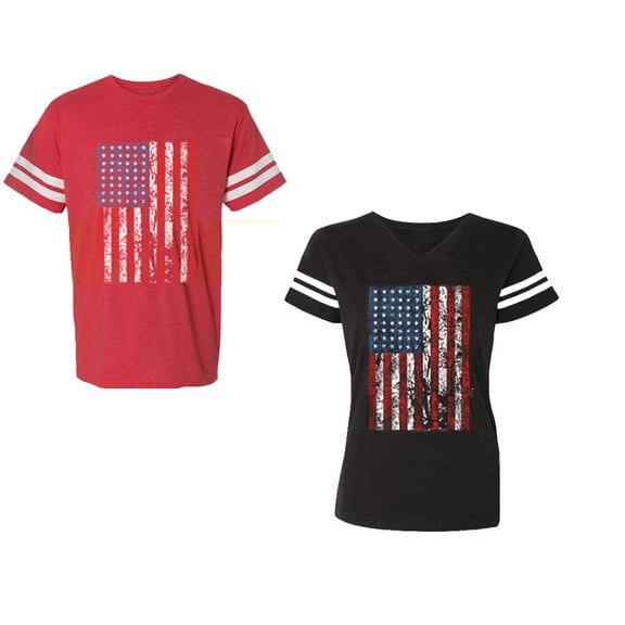 American Flag Unisex Couple Matching Cotton Jersey style T-Shirt Contrasting stripes on sleeves (Men Red / Women Black) (Men S / Women S)