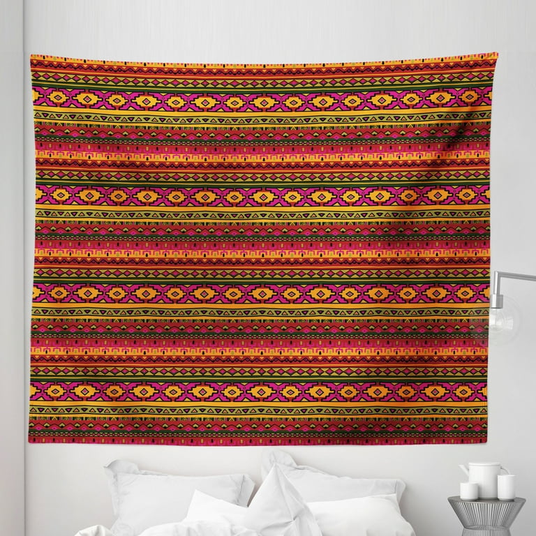 Aztec Tapestry Funky South American Style Vintage Peruvian Motifs Vibrant Prehistoric Folk Hippie Fabric Wall Hanging Decor for Bedroom Living Room