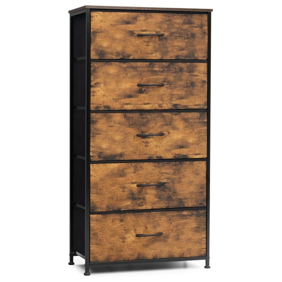 Vertical Dresser Storage Tower - Sturdy Steel Frame, Wood Top, Easy Pull Fabric Bins - Wide Organizer Unit - 5 Drawers(Rustic Brown)