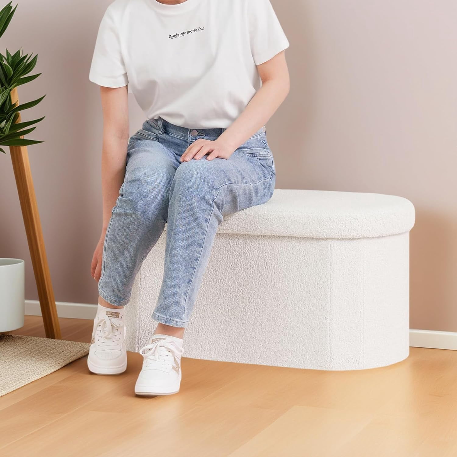 30 Inches Ottoman with Storage, Bedroom  Foot  for Living Room, White Oval Folding Stool
