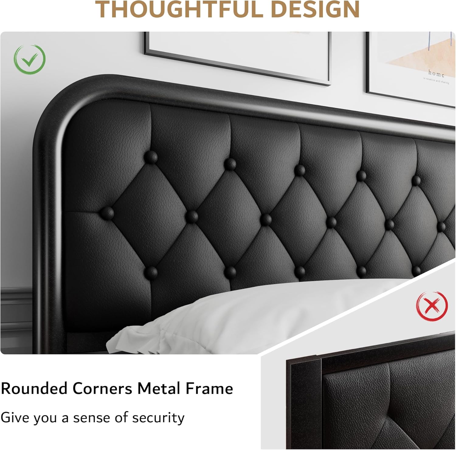 Honfach Full Size Metal Bed Frame with Leather Headboard, Heavy-Duty Platform Bed Frame, Thicker Metal Steel Slats Support, 12'' Under-Bed Space, Black