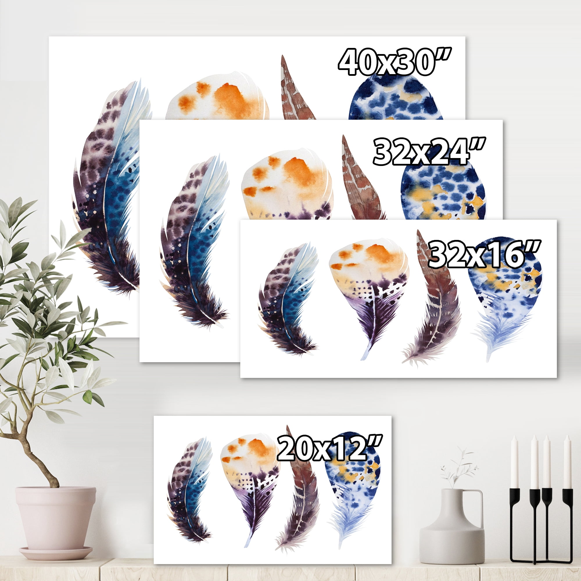 Designart ' Colourful Boho Feather Set On White VIII ' Bohemian & Eclectic Canvas Wall Art Print