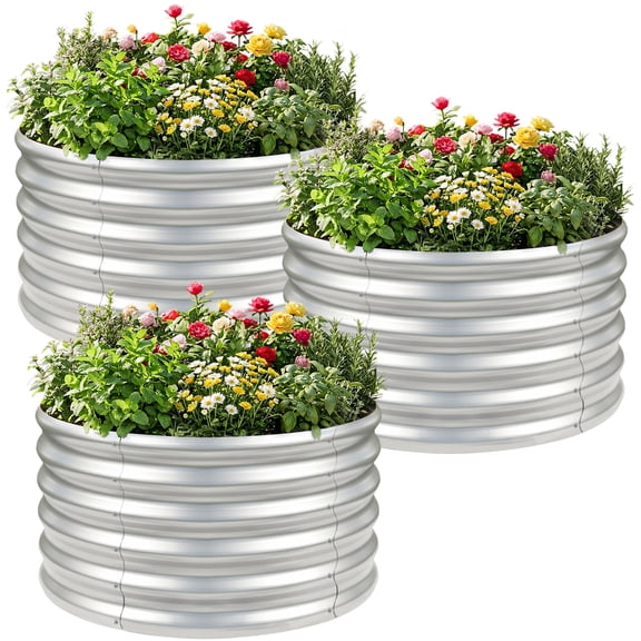 Land Guard 3 Pcs 2x2X2FT Round Galvanized Raised Garden Bed Kit, Silver Outdoor Planter Garden Bed, Metal Raised Box for Vegetables, Fruits, Flowers & Herbs
