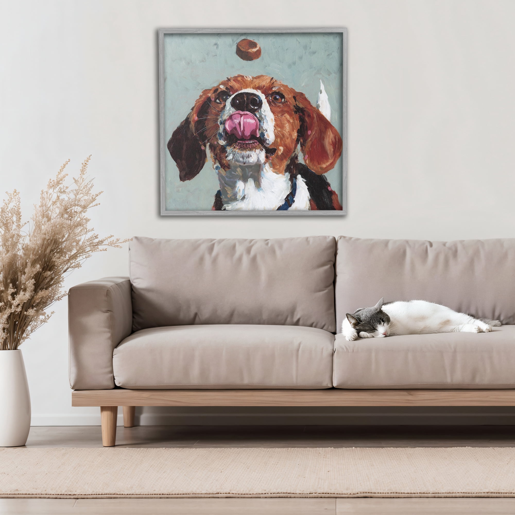 Stupell Industries Beagle Treat Excitement Gray Framed Giclee Art, design by Studio Bautista