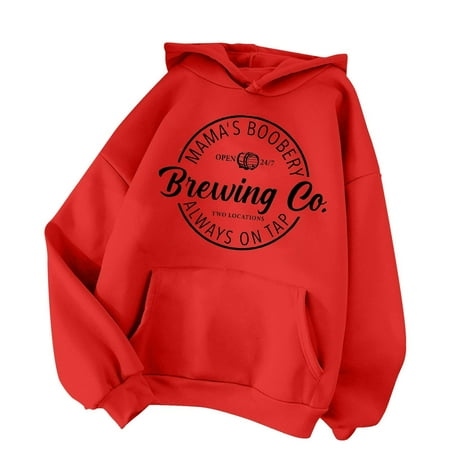 GWAABD Womens Hoodies Trendy Casual Drop Shoulder Pullover Long Sleeve with Front Pocket Hooded Hoodie V Neck Letter Graphic Print Blouse Autumn Winter Comfortable Clothes Red XL