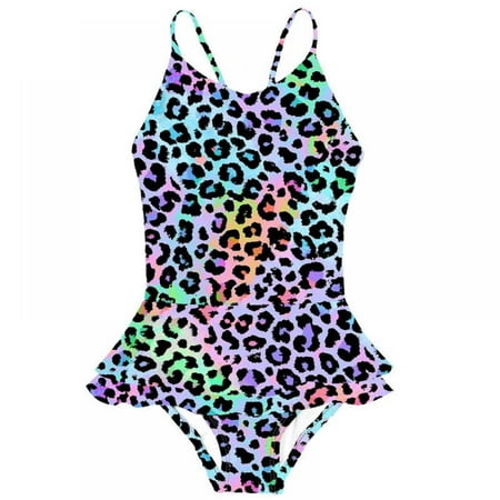 

GYRATEDREAM Girls Swimsuit One-Piece Adjustable Straps Swimwear Ruffled Tankini Bathing Suit with Sun Protection Leopard#B 4-5 Years