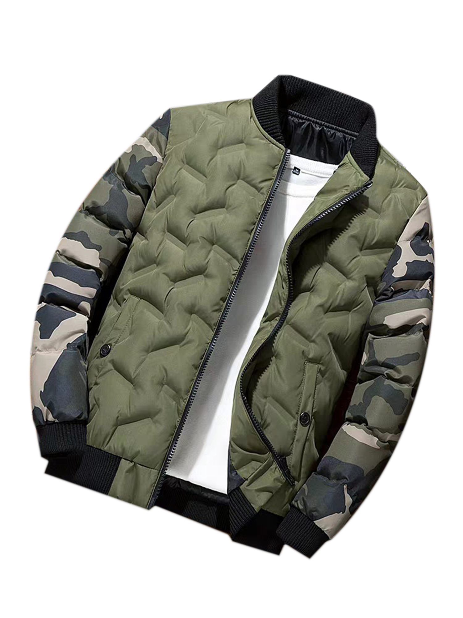 UKAP Mens Plus Size Insulated Letterman Jacket Thickened Varsity Jacket with Camo Sleeves Stand Collar for Winter Outerwear - image 1 of 4