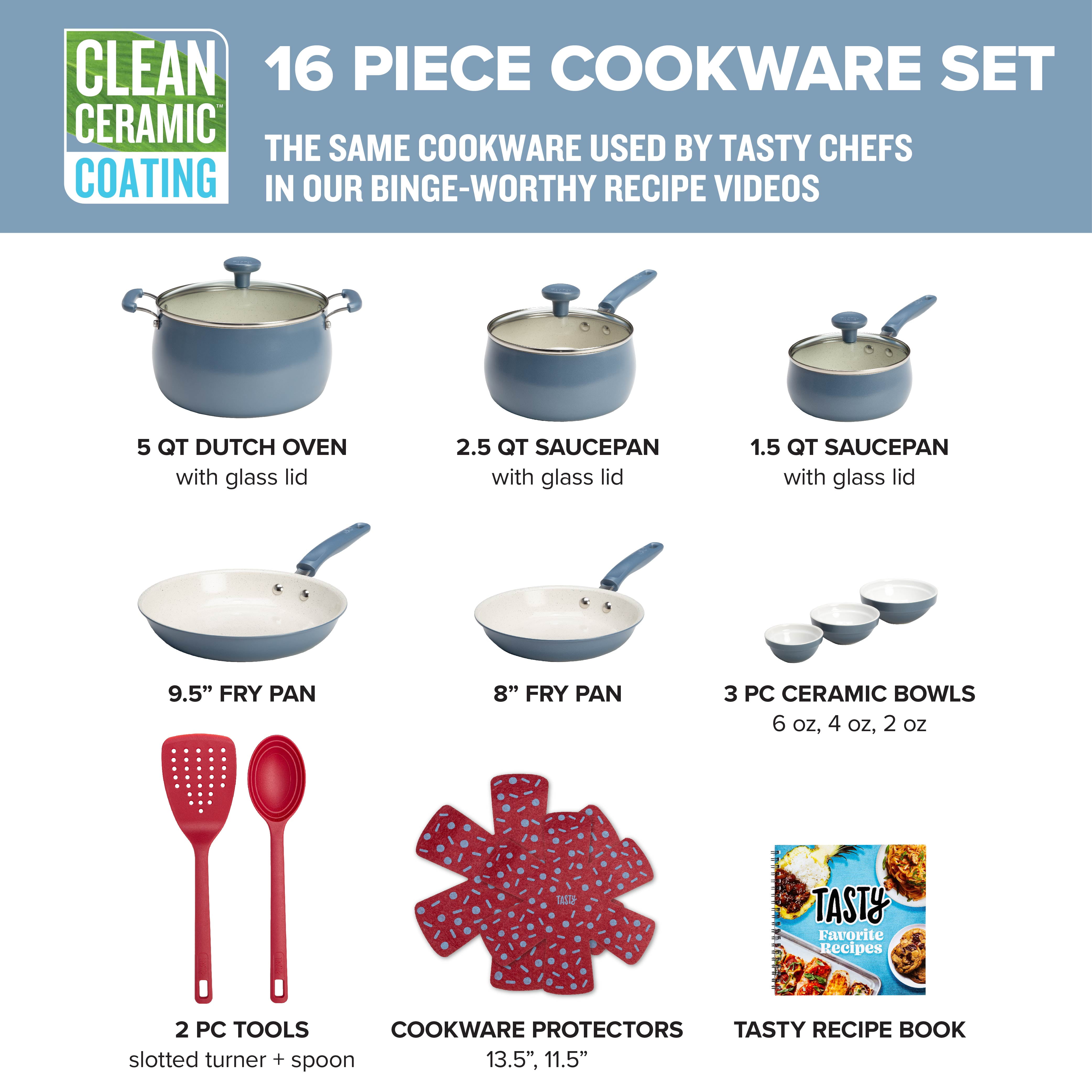 Tasty Clean Ceramic 16 Piece Non-Stick Aluminum Cookware Set, Slate Blue