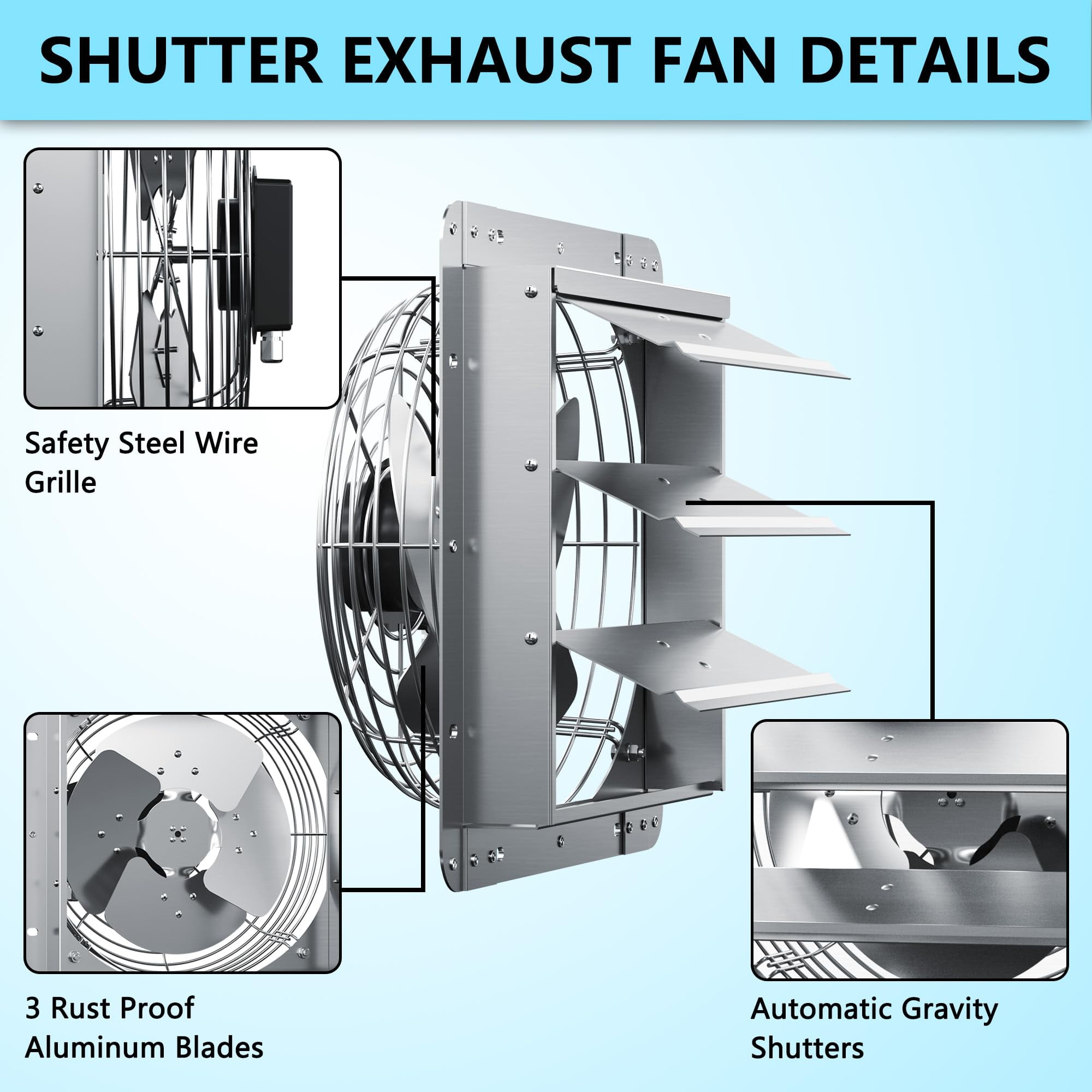 HAN'KITCHEN'LON'S 14" Aluminum Wall Mounted Shutter Exhaust Fan, 1558 CFM High-Speed Vent for Attic, Greenhouse, Shed, Shop, Garage