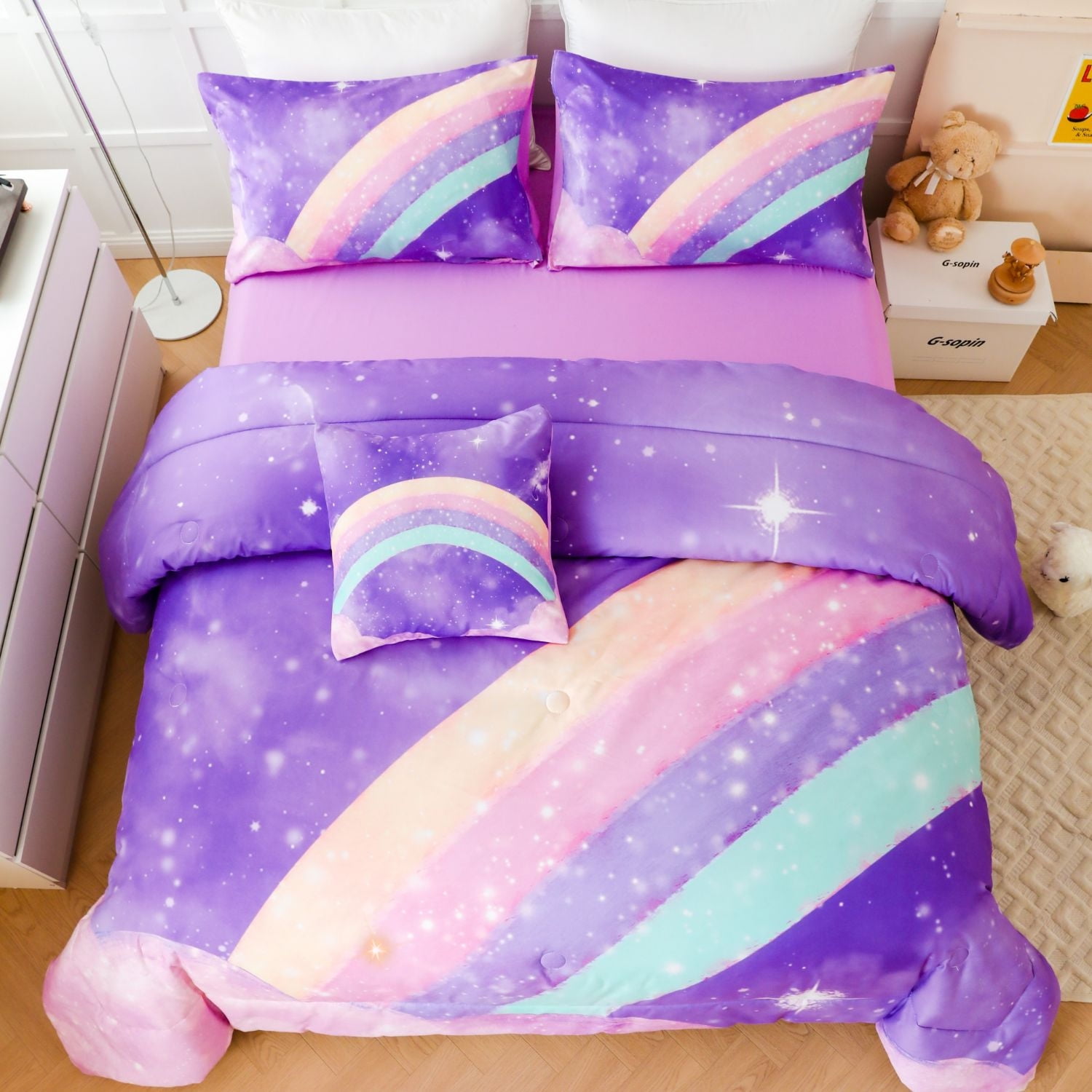 URBONUR 4 Pieces Girls Comforter Set Twin, Purple Rainbow Kids Bedding Set for Girls, Glitter Galaxy Bed Comforter Set with Pillowcases