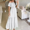 thumbnail image 2 of Stylish SMihono Women's Bohemian Off The Shoulder Dress Casual Ruffle A Line Tiered Maxi Dresses Smocked Beach Sundress White S, 2 of 9