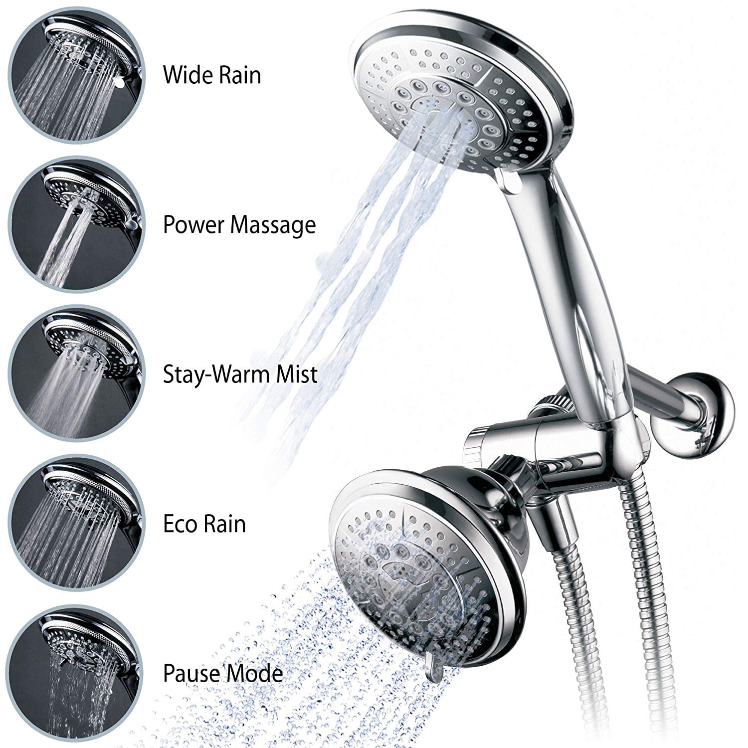 TRIPHIL 5 in 1 Rainfall Shower Head Combo Brushed Nickel 9 Inches Showerhead Shower Arm with Flange and Teflon Tape Handheld Shower Head 3-Way Spray Massage Spa & Combination 59 Inches Hose
