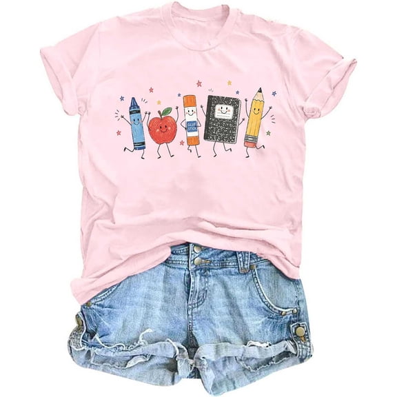Back to School Supplies Graphic T-Shirt Teacher Life Shirt for Women First Day of School Tee Tops