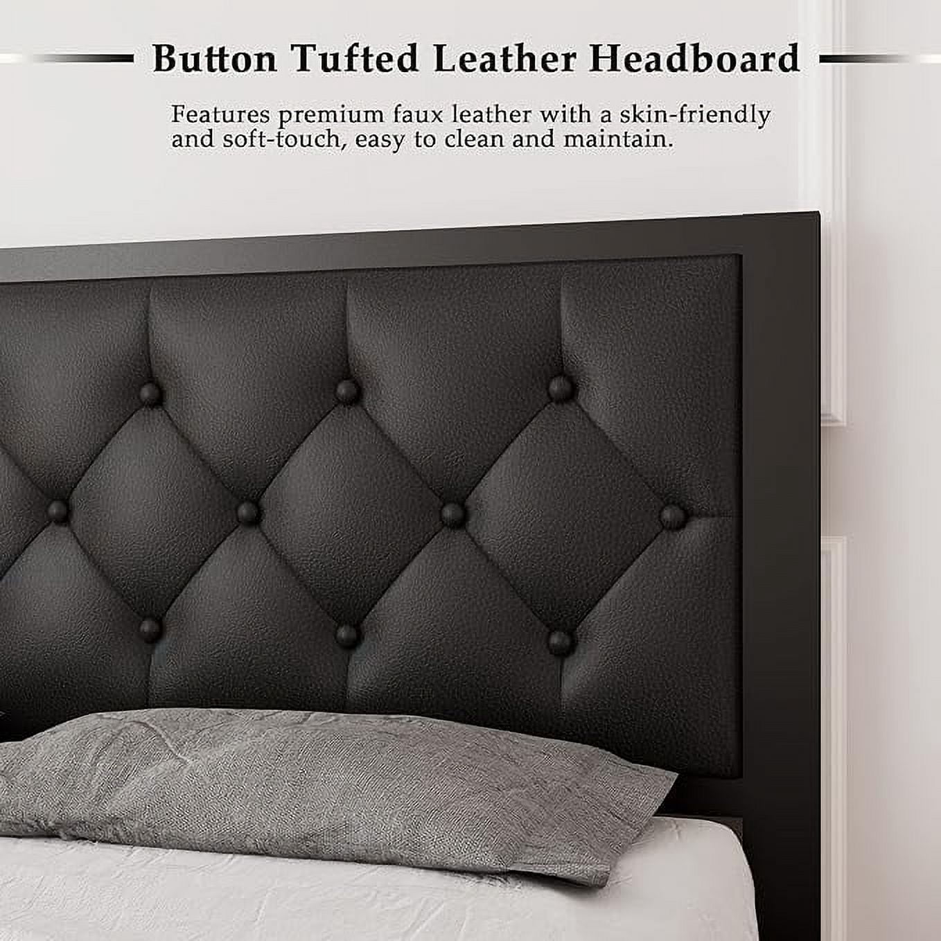 Honfach Queen Size Metal Platform Bed Frame with Faux Leather Upholstered Button Tufted Headboard, Mattress Foundation with 12” Storage, Steel Slats SupportNo Box Spring Needed, Easy Assembly, Black
