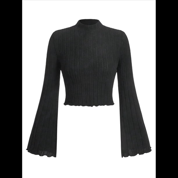 Camiseta Informal de Larga Acampanada con Cuello Alto y Punto Acanalado para Mujer Negro S