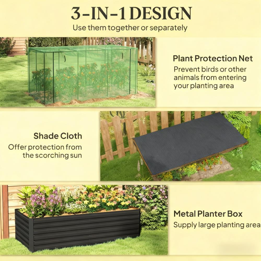 Raised Garden Bed, Galvanized Steel Planter Box with Crop Cage and Shade Cloth