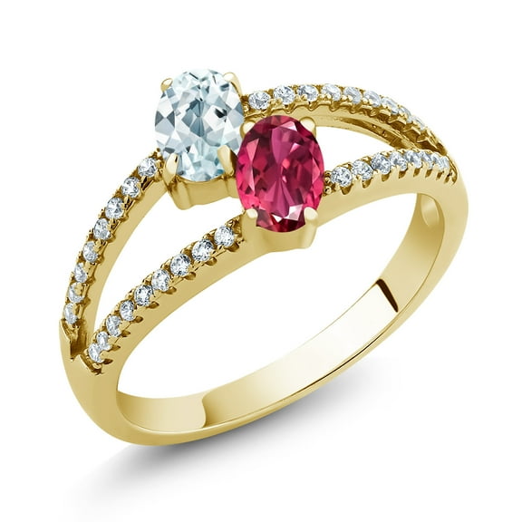 Gem Stone King 1.38 Ct Sky Blue Aquamarine Pink Tourmaline 18K Yellow Gold Plated Silver Ring (Size 9)