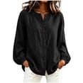 thumbnail image 2 of ClodeEU Women's Linen Blend Crewneck Long Sleeve Button Down Shirt with Cinched Cuffs ,Casual Loose Fit Blouse Black,Women's Plus M, 2 of 6
