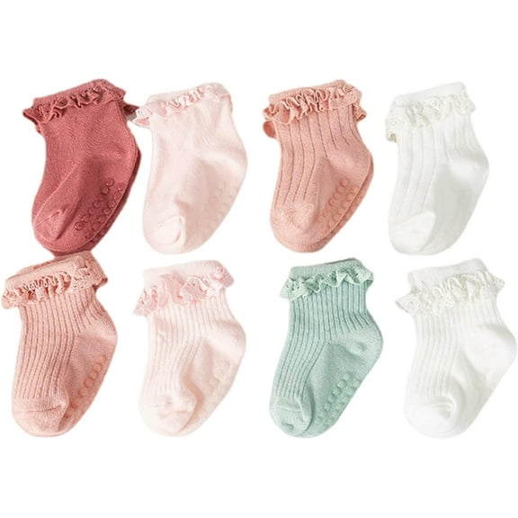 JIANFANG Toddler Girls Anti Slip Socks - Non Skid Frilly Ruffle Design with Grips for Baby 0-3 Years (Pack of 8)