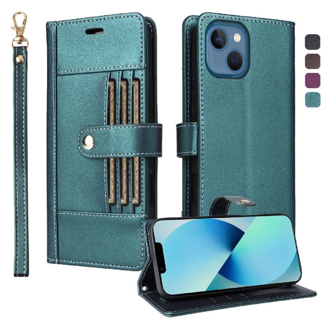 FOXDOCK Funda tipo Cartera para iPhone 13 – Cubierta de Cuero PU con Múltiples Ranuras, Bolsillo para Efectivo y Correa de Muñeca