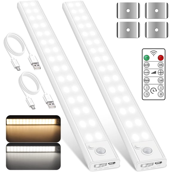 Under Cabinet Light, Motion Sensor Cordless Magnetic Closet Lighting, USB Rechargeable Night Light with Remote, Adjustable Brightness and Color Temperature, UL Listed, 2 Pack