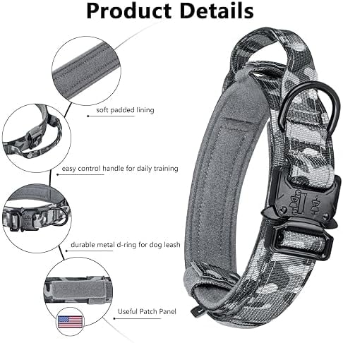 Tactical Dog Collar, Adjustable Military Training Nylon Dog Collar with Control Handle and Heavy Metal Buckle for Medium and Large Dogs, with Patches and Airtags Case (XXL, Camo)