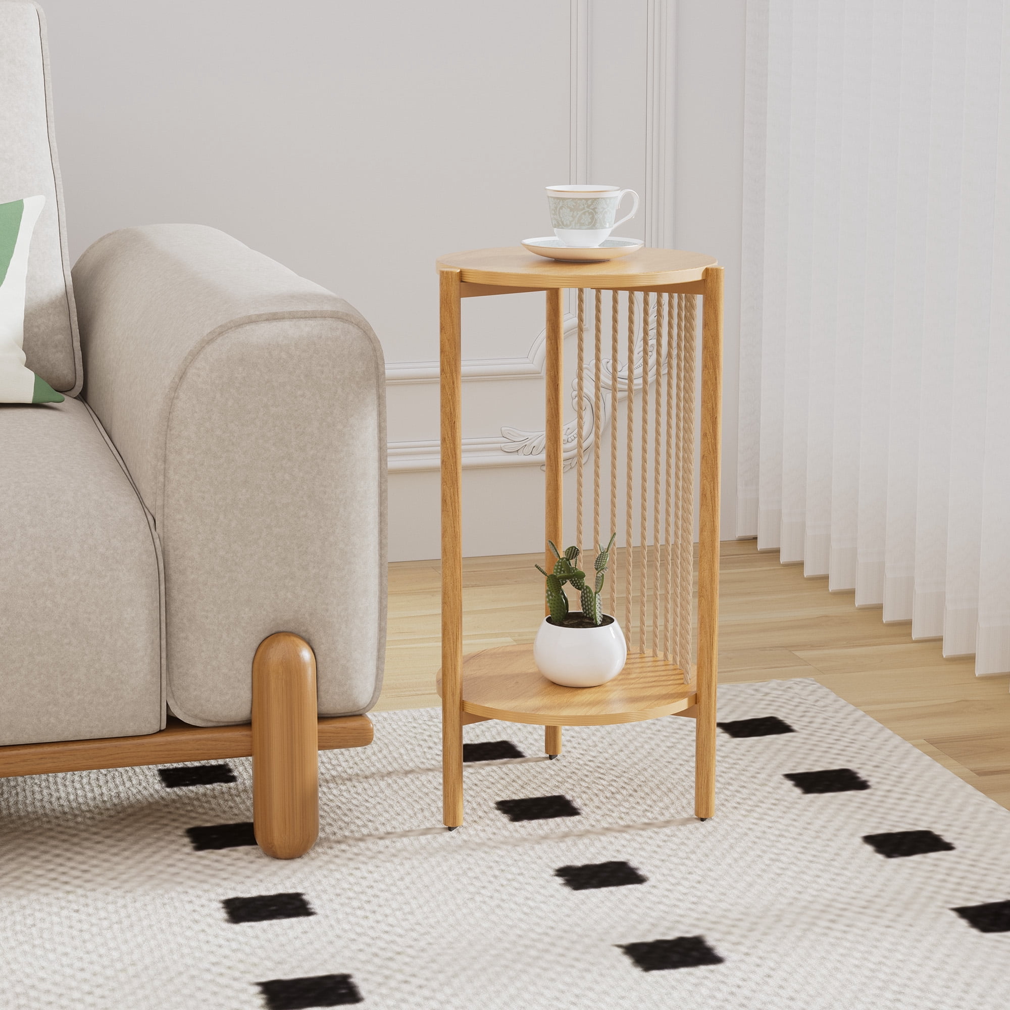 Brafabhome 3-Pieces Coffee Table Set with Hand-Woven Natural Rope, Boho Living Room Table Set with Storage Shelf and Metal Frame, Round Coffee Table & 2 Side Tables for Apartment Home Office