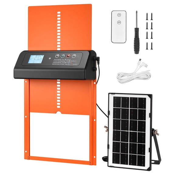 KFFKFF Automatic Chicken Coop Door, Solar and Battery Operated with LCD Screen, Remote Control, Light Sensor, Timer Function, Safety Features, and Durable Aluminum Gate, Orange