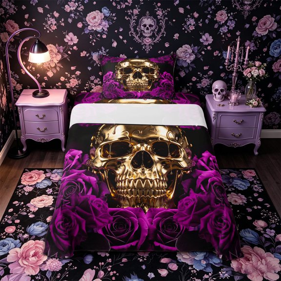 Castle Fairy Gothic Gold Skull Twin Sheets 3pcs,Romantic Floral Rose Bedding,Gold Violet Black,1 Fitted Sheet,1 Flat Sheet and 1 Pillowcase