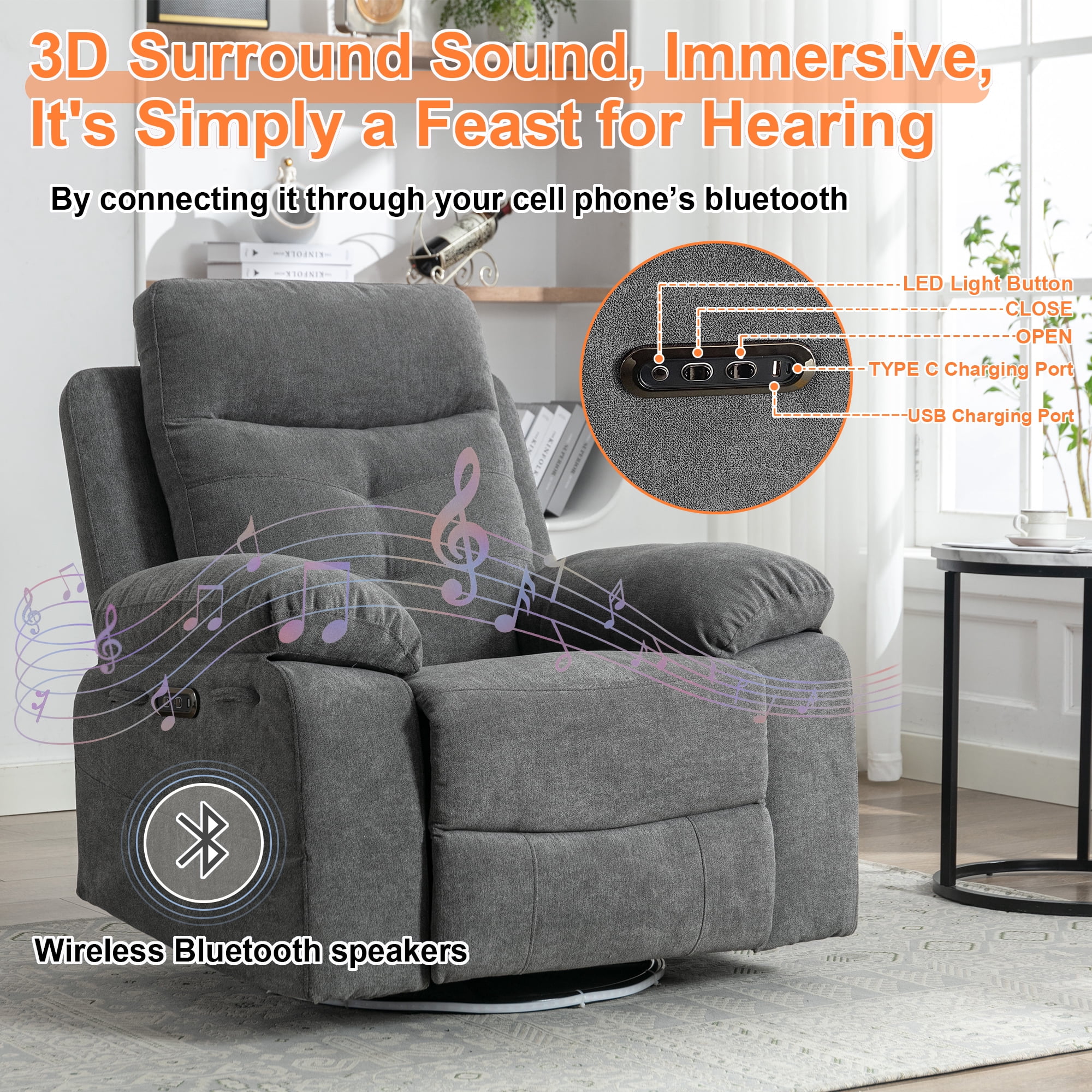 Power Recliner Chair with Bluetooth Speakers & 270° Swivel, Ergonomic Reclining Sofa w/ LED Lights, USB + Type-C Ports, Pockets for Back Pain Relief, Ideal for Elderly & Adults, Reading Bedroom, Grey