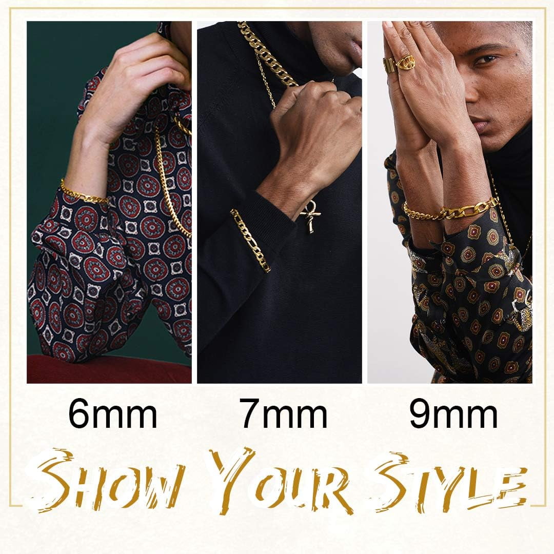 ChainsHouse 14k Gold Plated Figaro Link Bracelets for Women Men 9mm Hypoallergenic Jewelry Gift, 8.3inch