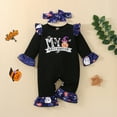thumbnail image 2 of KOMOO Baby Halloween Romper Set Bowknot Hairband Pumpkin Letter Print Ruffle Bell-Bottom Jumpsuit Outfits, 2 of 9