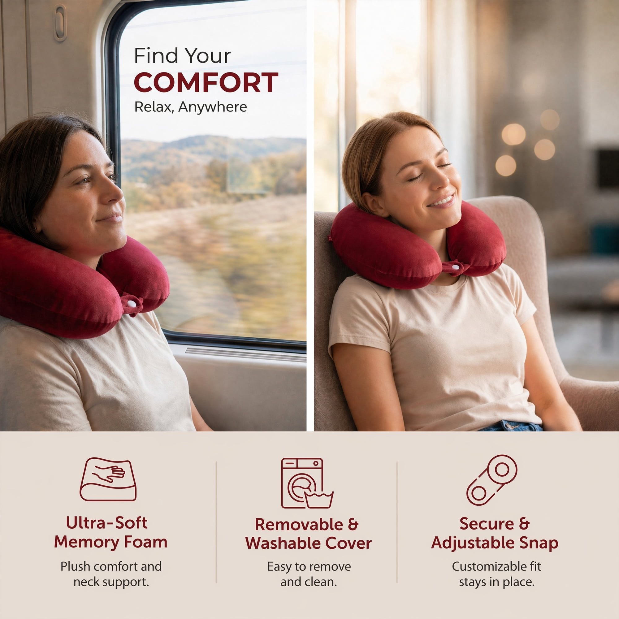 Unique Bargains Memory Foam Travel U Shape Neck Pillow Snap Closure Wine Red 12"x12"x4"