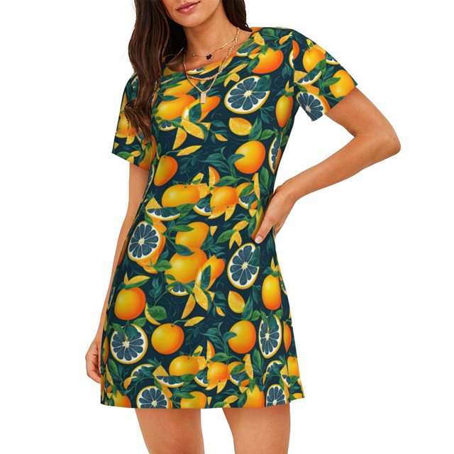 Fotbe Fresh Orange Bata de Dormir para Mujer con Estampado, Camisón de Algodón de Manga Corta, Ropa de Dormir Casual