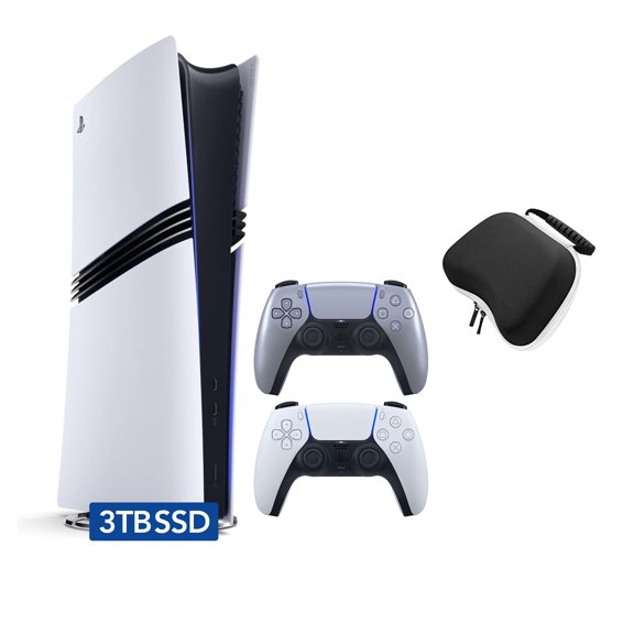 PlayStation 5 Pro 3TB SSD Digital Console with Two Controllers, White and Sterling Silver DualSense and Mytrix Hard Shell Protective Controller Case - Flagship PS5 Pro Console