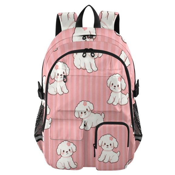 DIXRUYEE Puppy Little Red Flower Pink Stripes Pattern Backpack for School 14”Laptop Compatible with Reflective Safety Strips