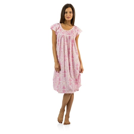 Gorgeous Printed Gown - Casual Nights Women's Smocked Lace Short Sleeve Nightgown