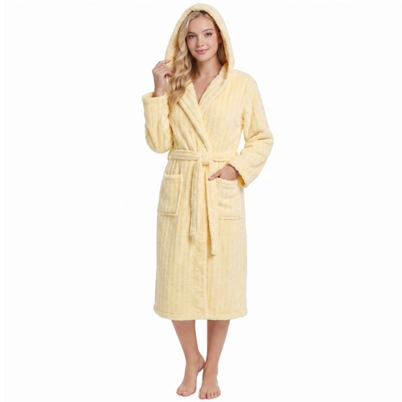 HEARTNICE Fuzzy Robes for Women, Long Plush Hooded Fluffy Warm Bathrobes,(Light Yellow,S-M)