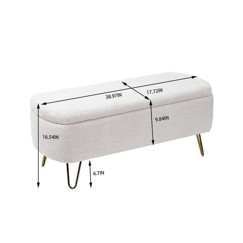 Comfort Stretch 39" Length Storage Ottoman Bench for Living Room,White Faux Fur Bedroom Bench with Entryway Oval Storage Upholstered Fabric Footrest Stool Padded Seat with Gold Legs