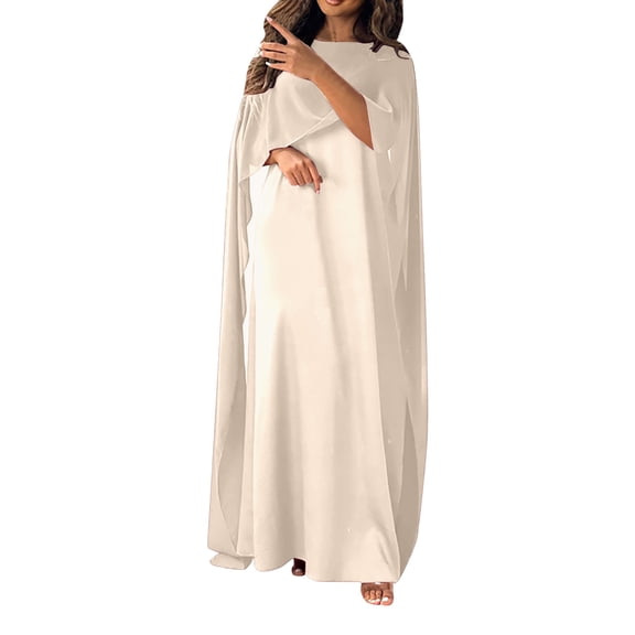 XIAOCHA Womens Elegant Cape Sleeve Maxi Dress Flowy Chiffon Formal Evening Gown,Beige