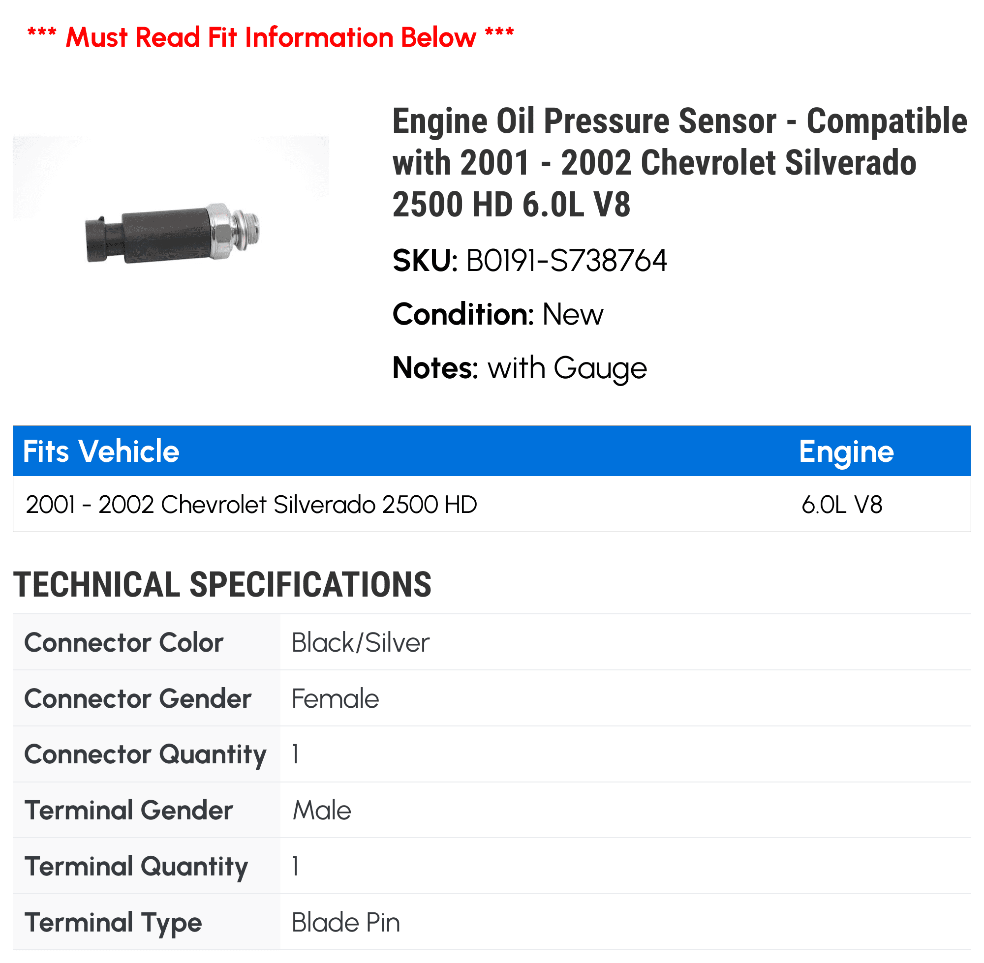 Engine Oil Pressure Sensor - Compatible with 2001 - 2002 Chevy Silverado 2500 HD 6.0L V8