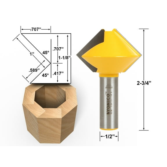 Bird's Mouth Glue Joint Router Bit - 8 Sided - 1/2" Shank - Yonico 15138